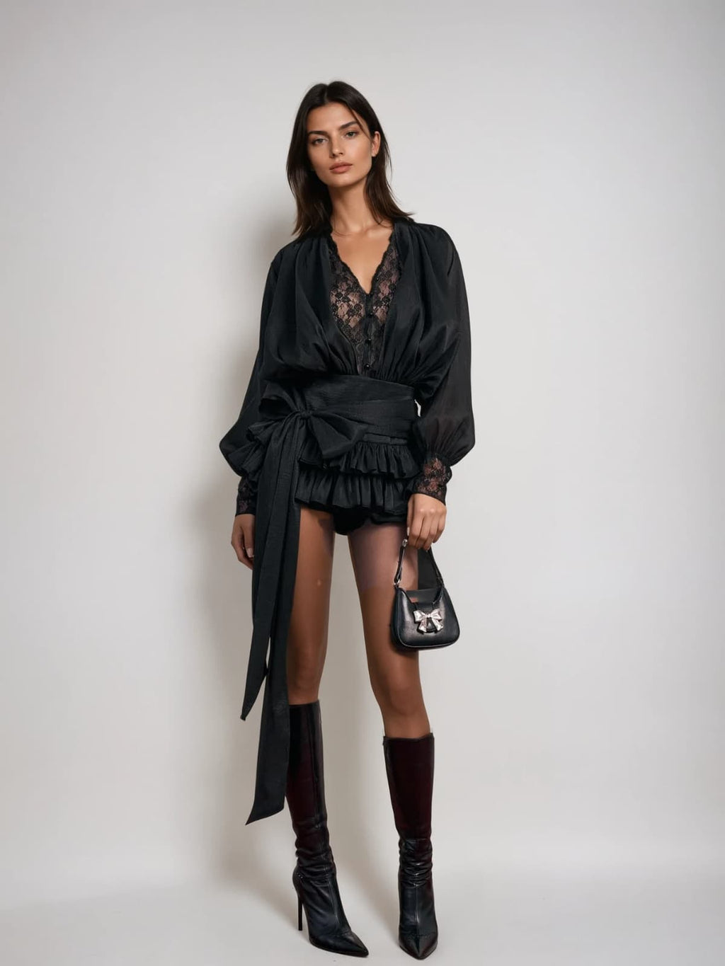 cornelia V Neck Lace Bow Mini Dress in black Avalabel