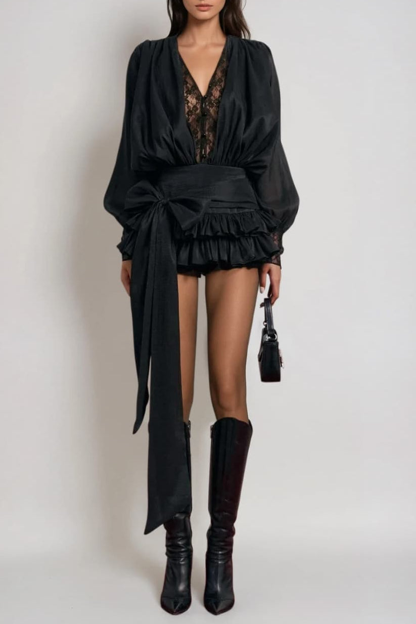cornelia V Neck Lace Bow Mini Dress in black Avalabel