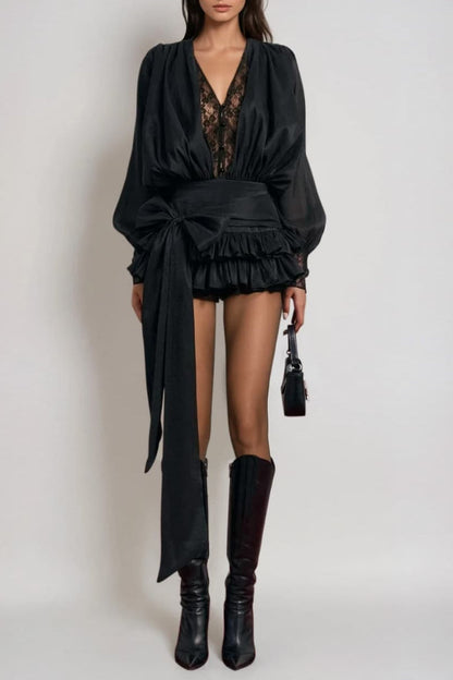 cornelia V Neck Lace Bow Mini Dress in black