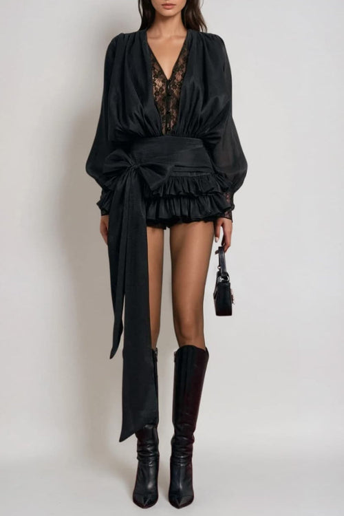 cornelia V Neck Lace Bow Mini Dress in black Avalabel