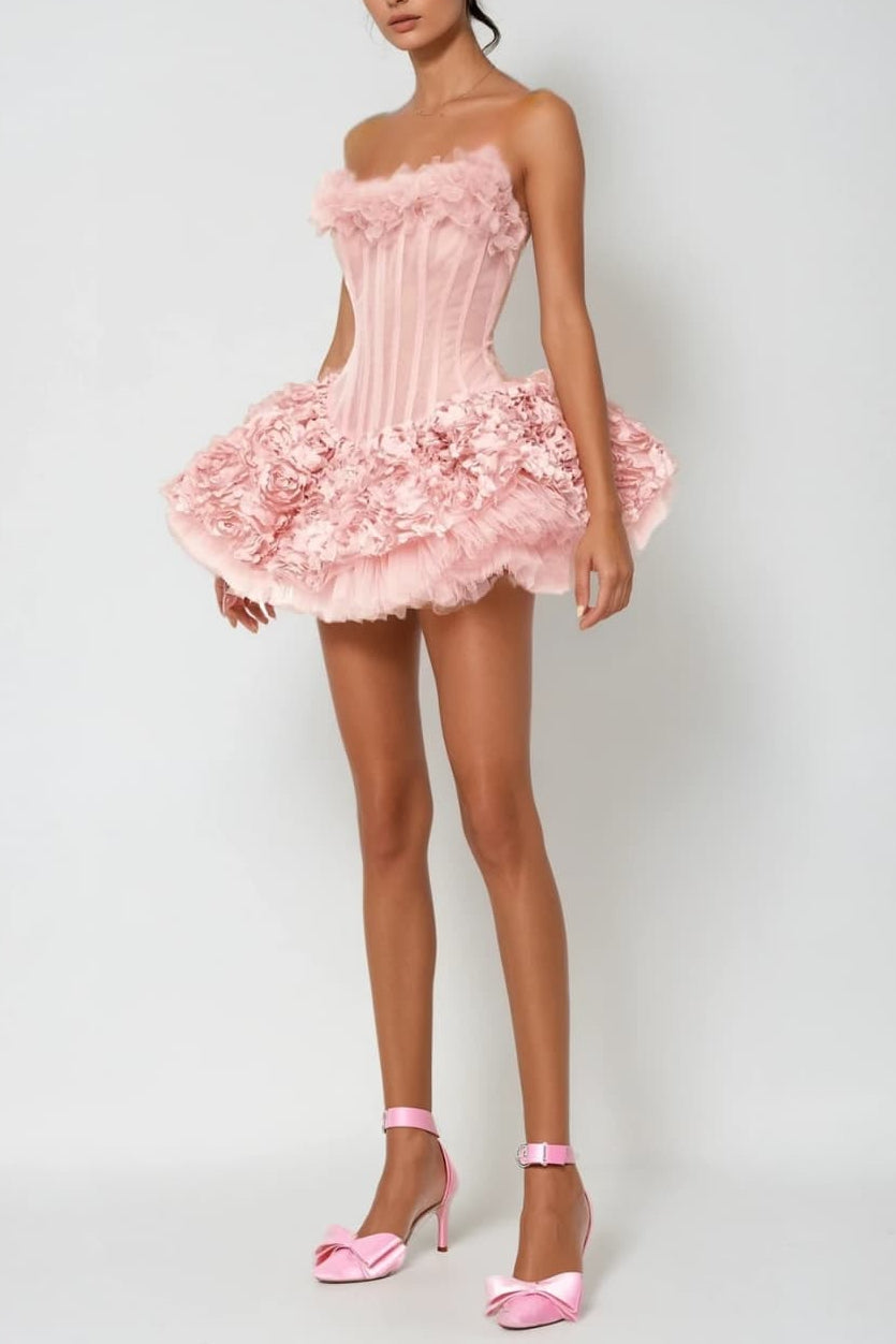 alberta 3d Flower Strapless Mini Dress in pink Avalabel