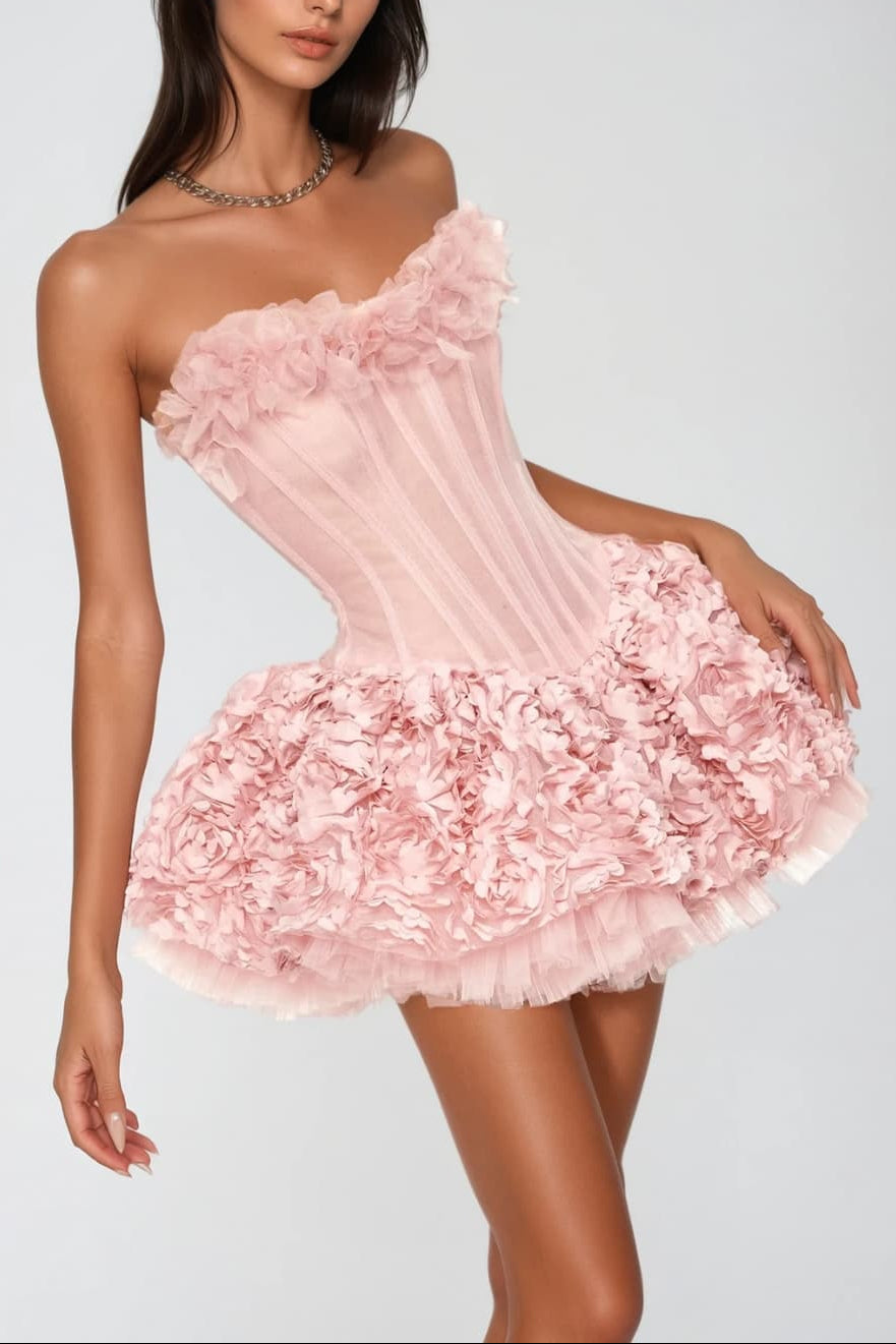 alberta 3d Flower Strapless Mini Dress in pink Avalabel