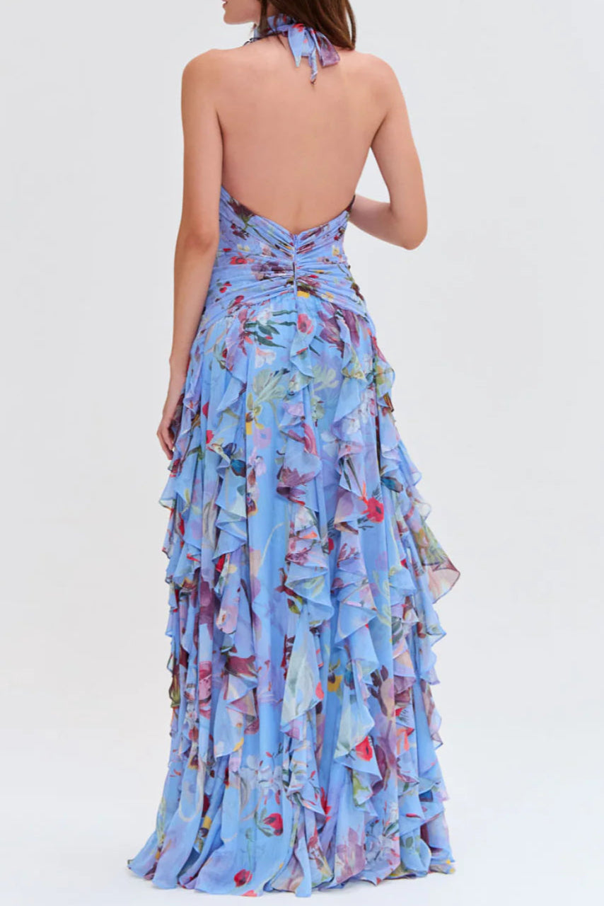 Floral Halter Ruffle Tulle Maxi Dress in Blue Avalabel