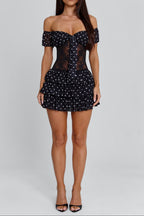 Hedda Lace-Trimmed Polka Dot Strapless Mini Dress in Black Avalabel
