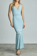 V-Neck Beading Knit Bodycon Maxi Dress in Pale Blue Avalabel