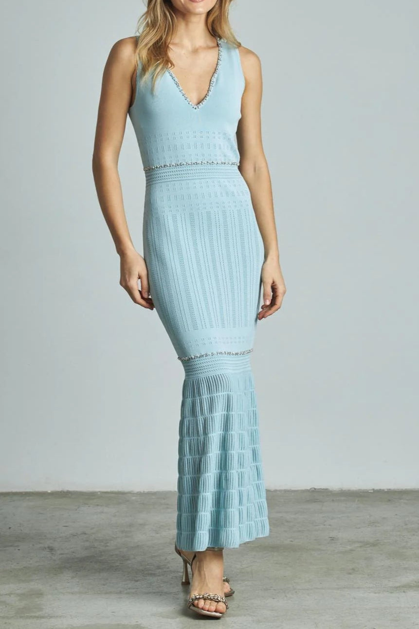 V-Neck Beading Knit Bodycon Maxi Dress in Pale Blue Avalabel
