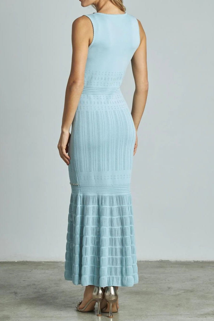 V-Neck Beading Knit Bodycon Maxi Dress in Pale Blue Avalabel