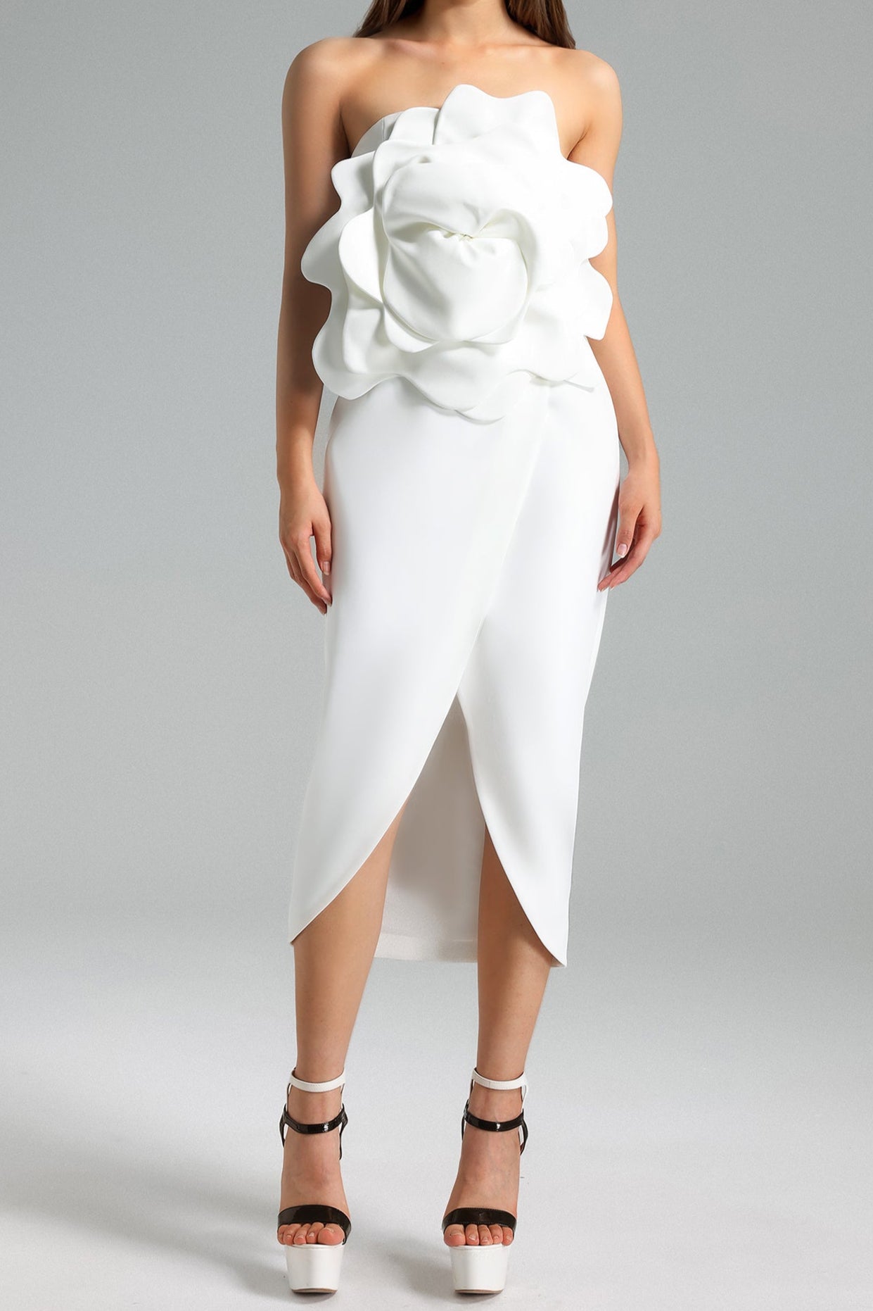 Valery 3d Flower Slit Midi Dress - White Avalabel