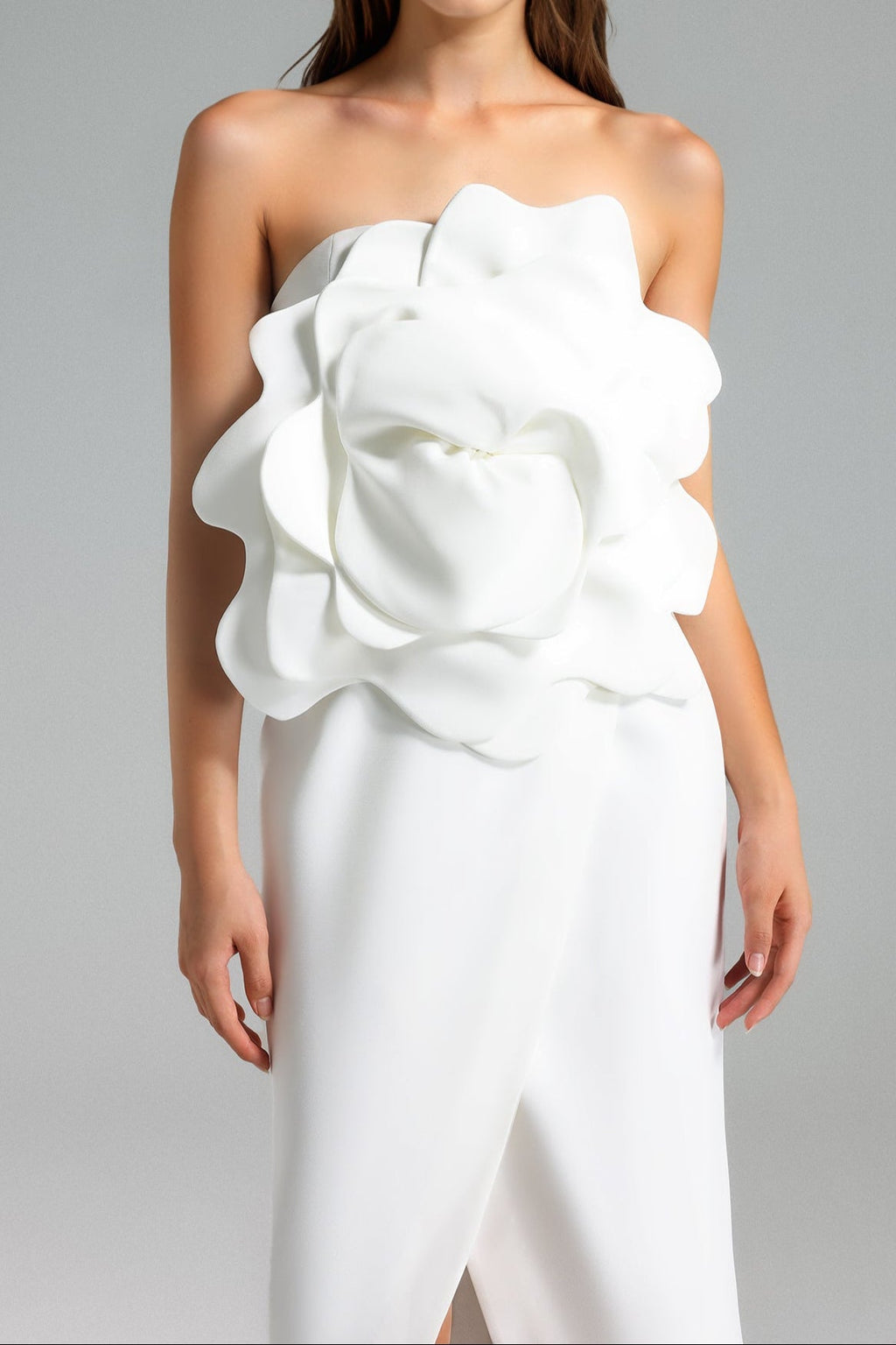 Valery 3d Flower Slit Midi Dress - White Avalabel