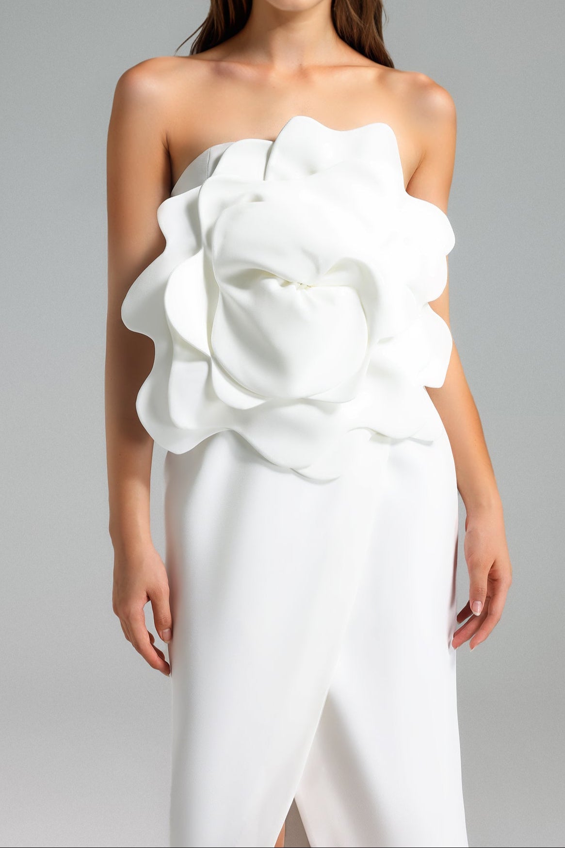 Valery 3d Flower Slit Midi Dress - White Avalabel