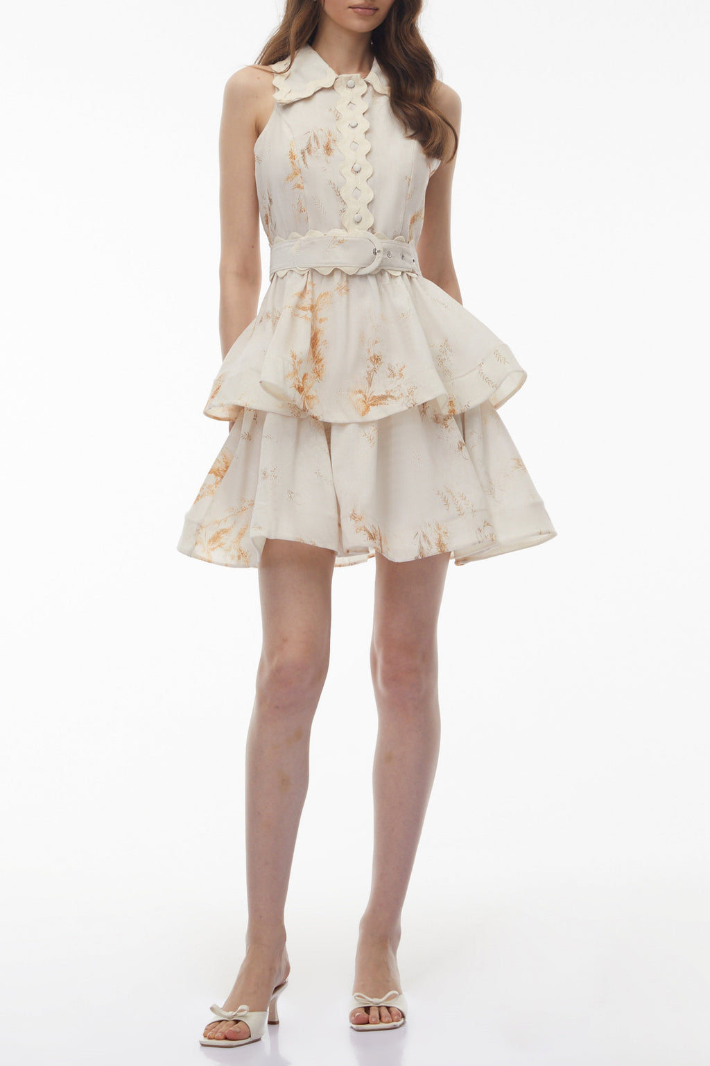 Vashti Neutral Tiered Ruffled Mini Dress Avalabel