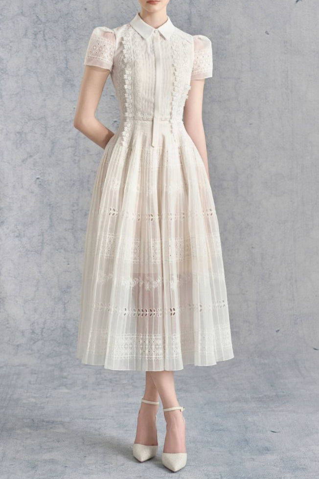 Lace Hollow Embroidery Midi Dress in Apricot Avalabel