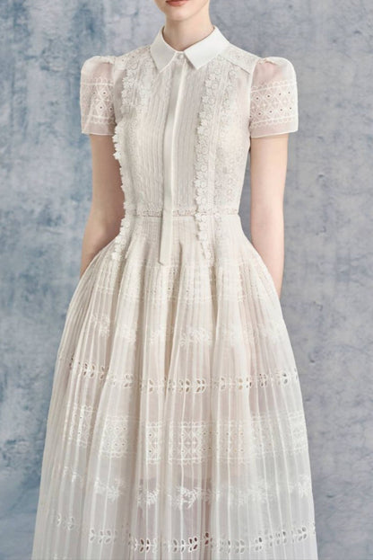 Lace Hollow Embroidery Midi Dress in Apricot