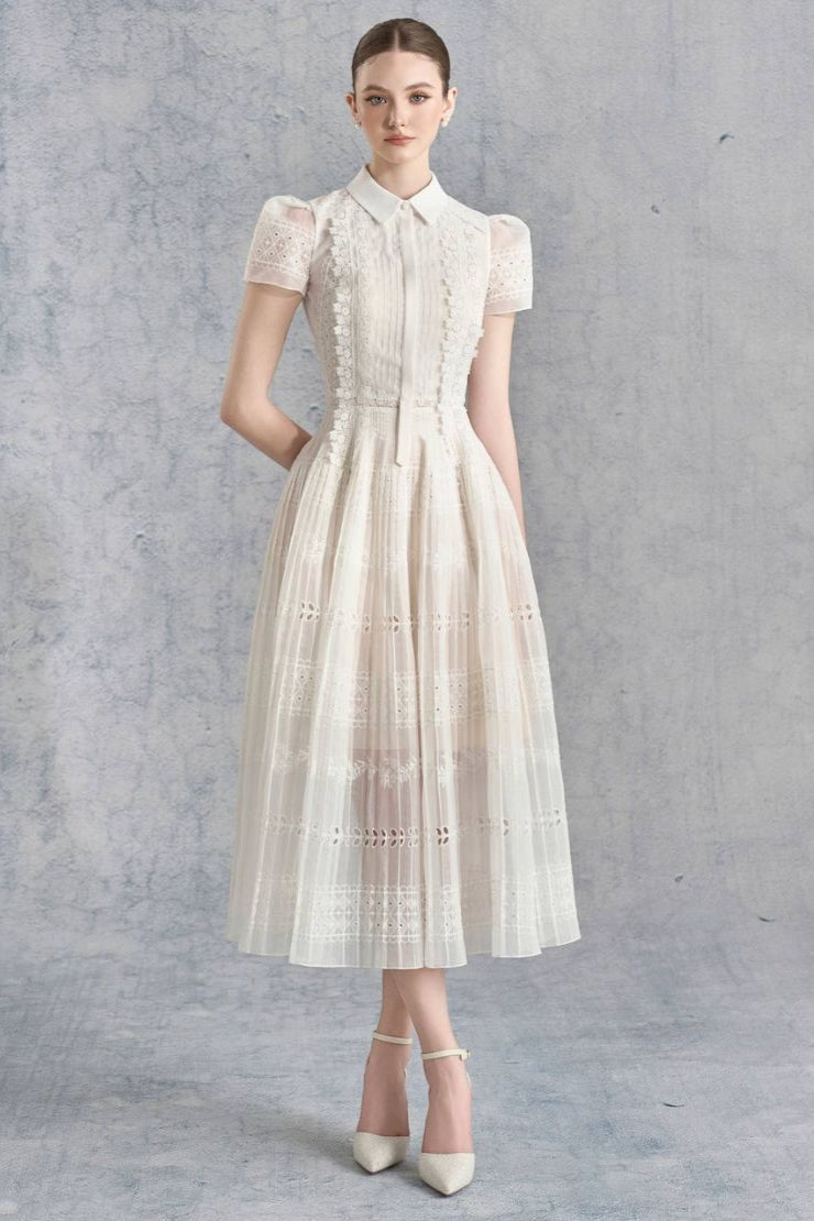 Lace Hollow Embroidery Midi Dress in Apricot Avalabel