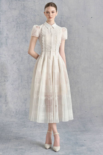 Lace Hollow Embroidery Midi Dress in Apricot