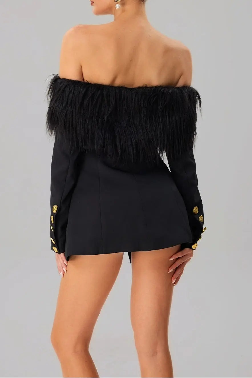 black Off-shoulder feather metal buckle decoration blazer mini dress Avalabel