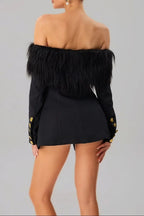 black Off-shoulder feather metal buckle decoration blazer mini dress Avalabel