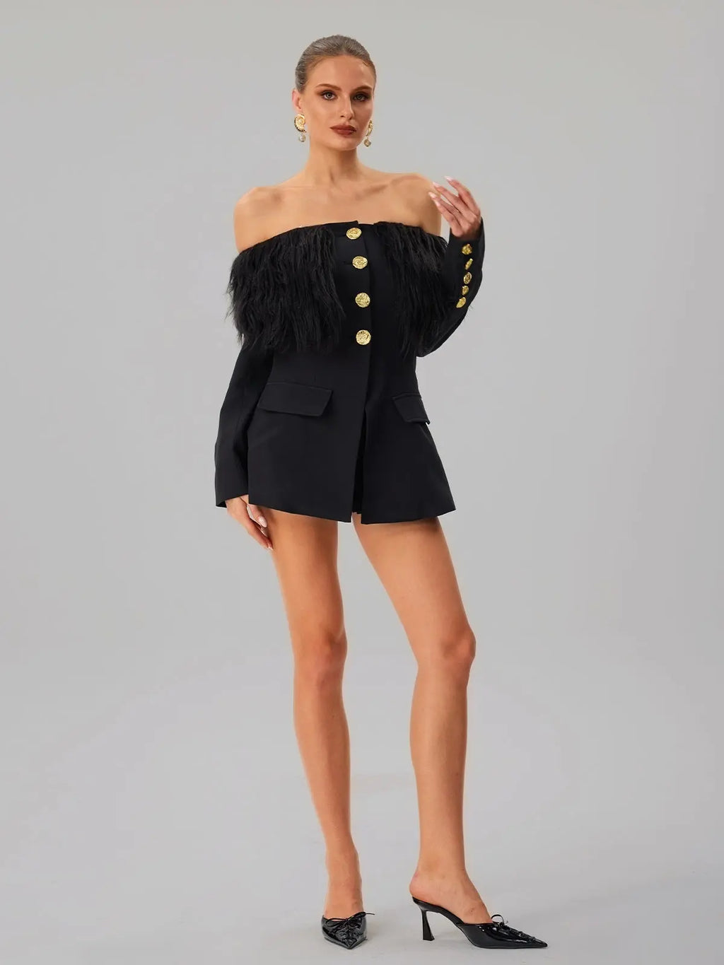 black Off-shoulder feather metal buckle decoration blazer mini dress Avalabel