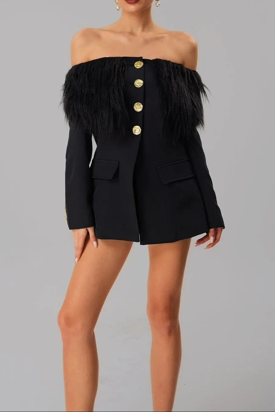 black Off-shoulder feather metal buckle decoration blazer mini dress Avalabel