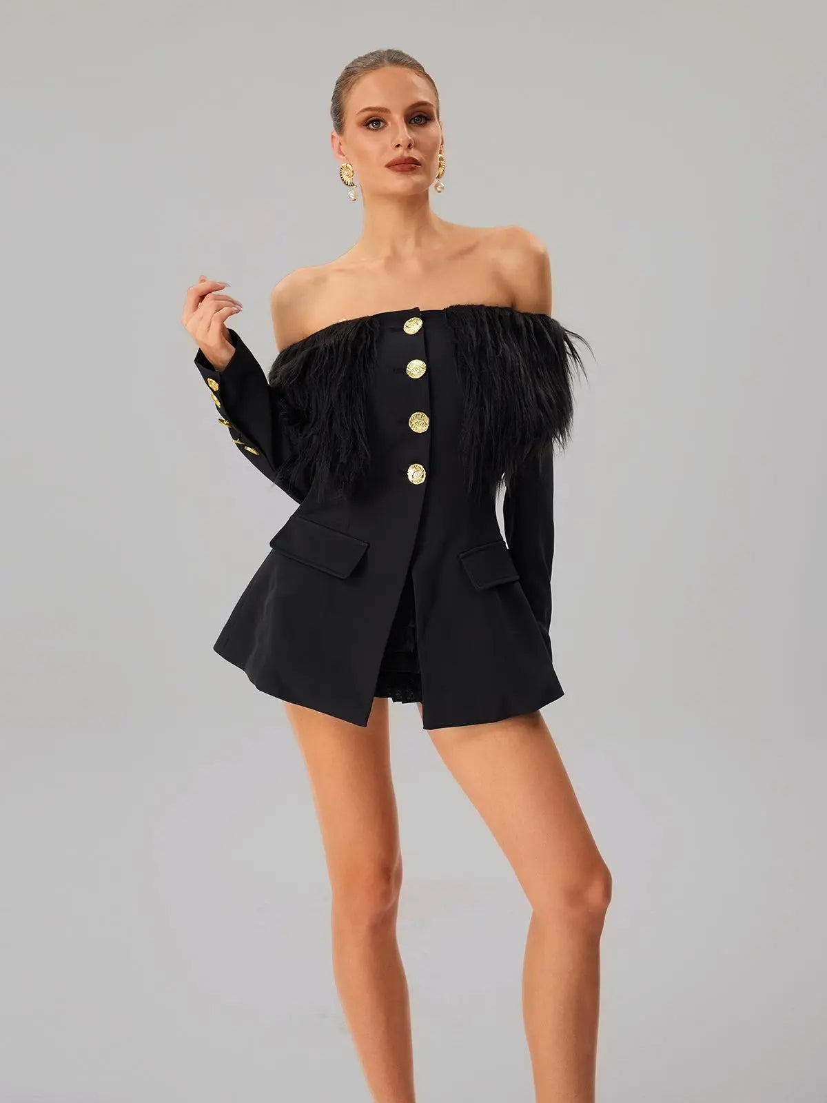 black Off-shoulder feather metal buckle decoration blazer mini dress Avalabel