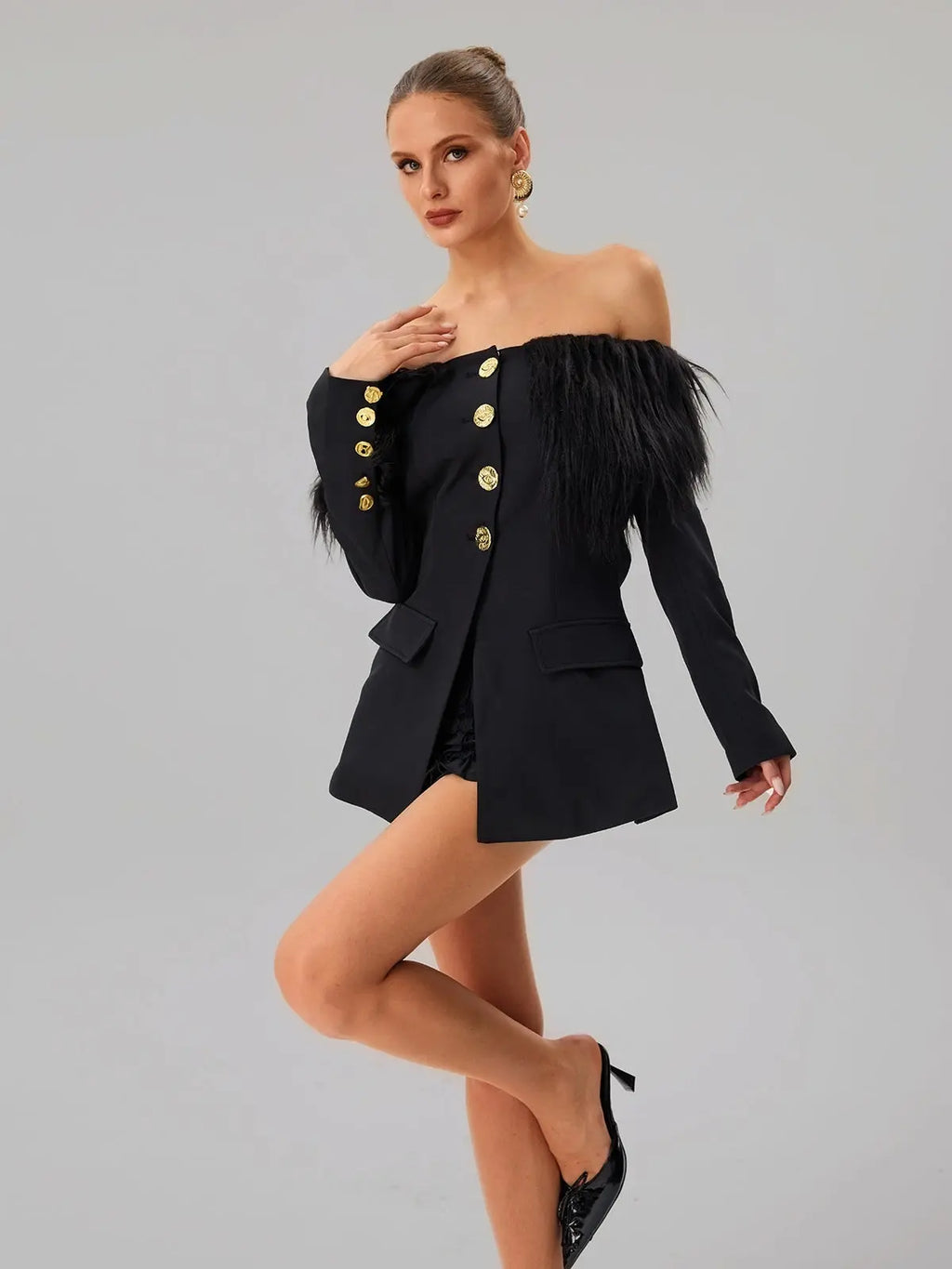 black Off-shoulder feather metal buckle decoration blazer mini dress Avalabel