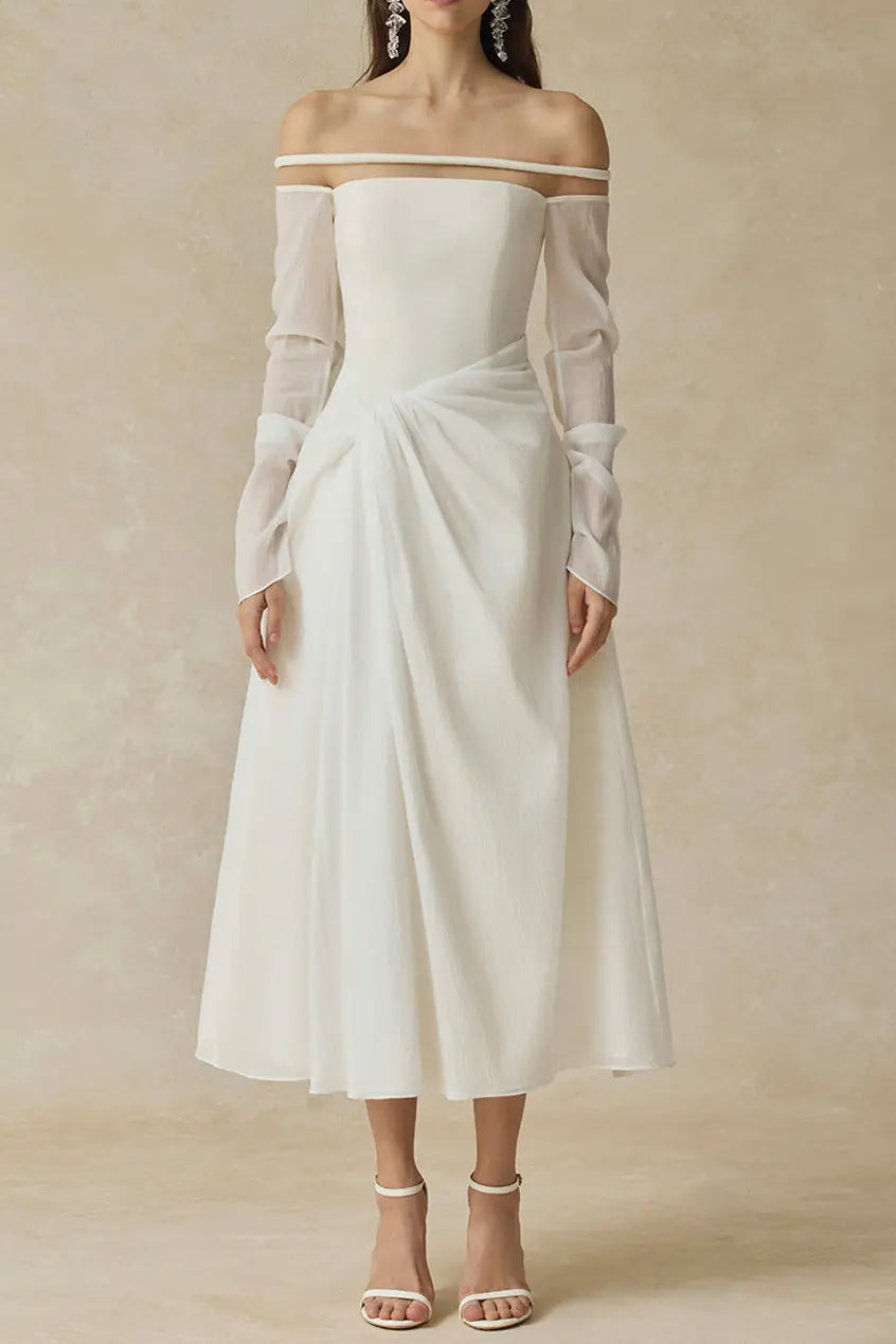 Judith Off-Shoulder A-line Voile Midi Dress in White Avalabel
