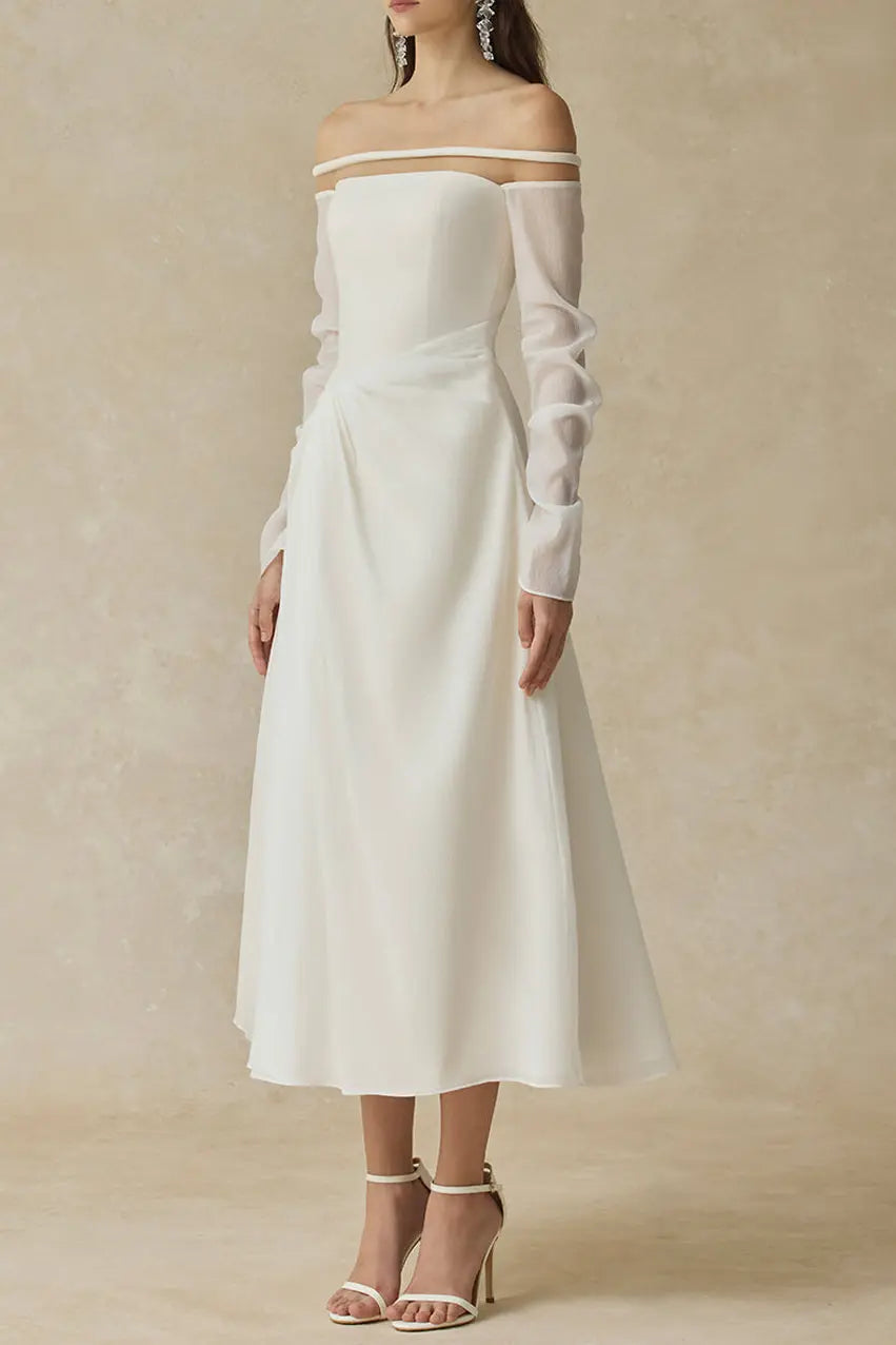Judith Off-Shoulder A-line Voile Midi Dress in White Avalabel