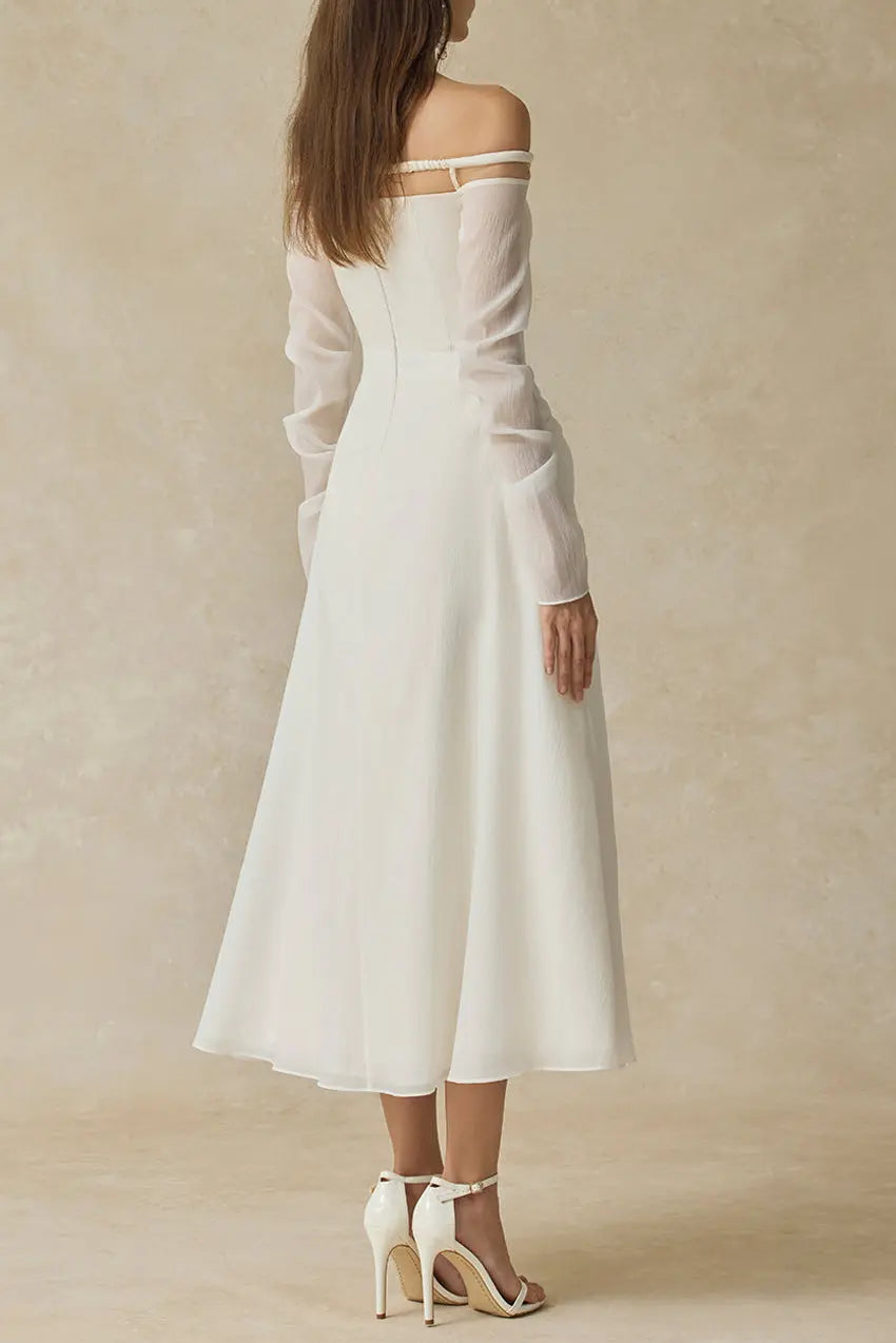 Judith Off-Shoulder A-line Voile Midi Dress in White Avalabel