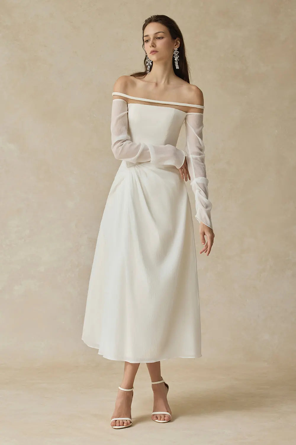 Judith Off-Shoulder A-line Voile Midi Dress in White Avalabel