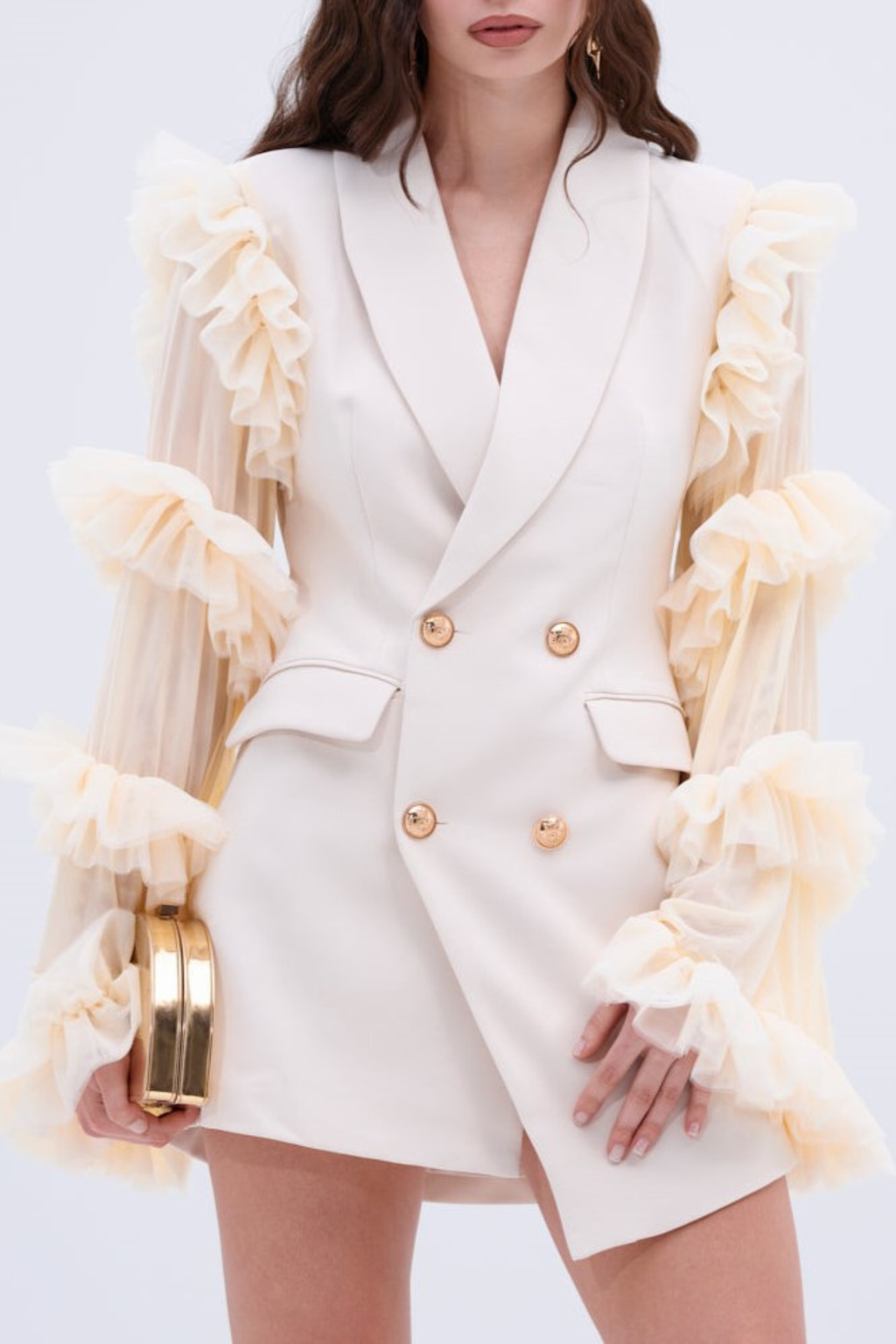 Ruffle Sleeve Blazer Mini Dress - Beige Avalabel