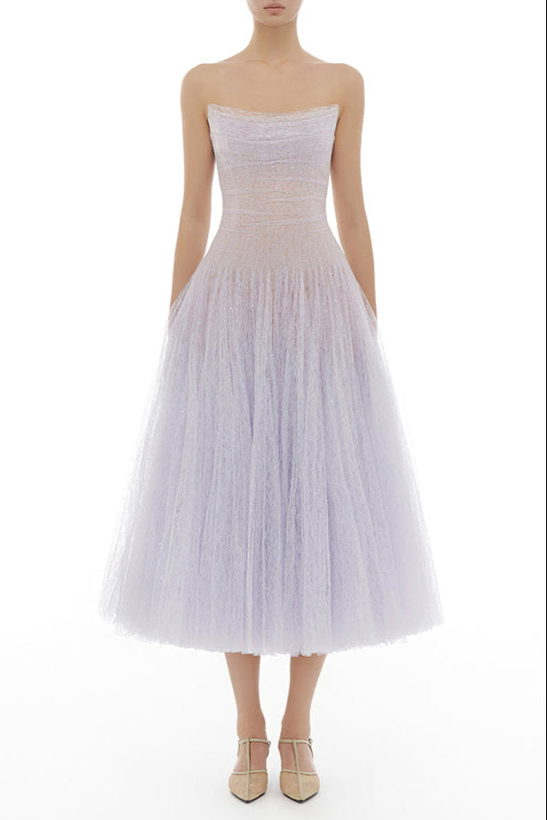 VIOLET DRAPED LACE MIDI DRESS Avalabel