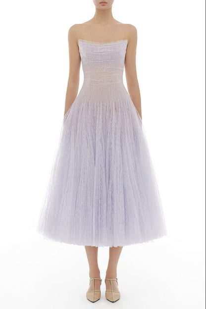 VIOLET DRAPED LACE MIDI DRESS
