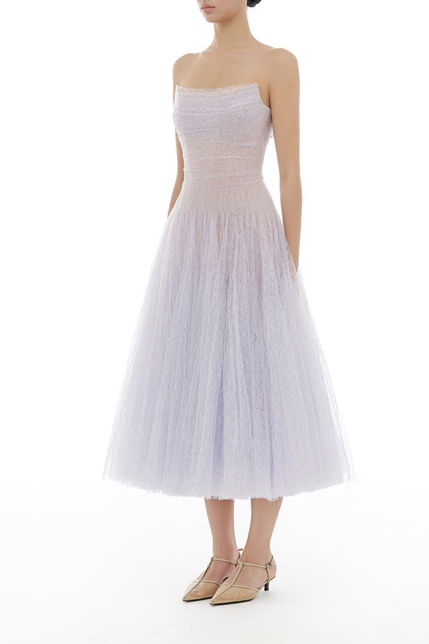 VIOLET DRAPED LACE MIDI DRESS Avalabel