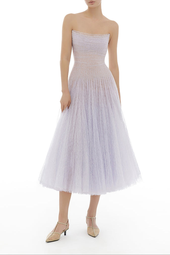 VIOLET DRAPED LACE MIDI DRESS Avalabel