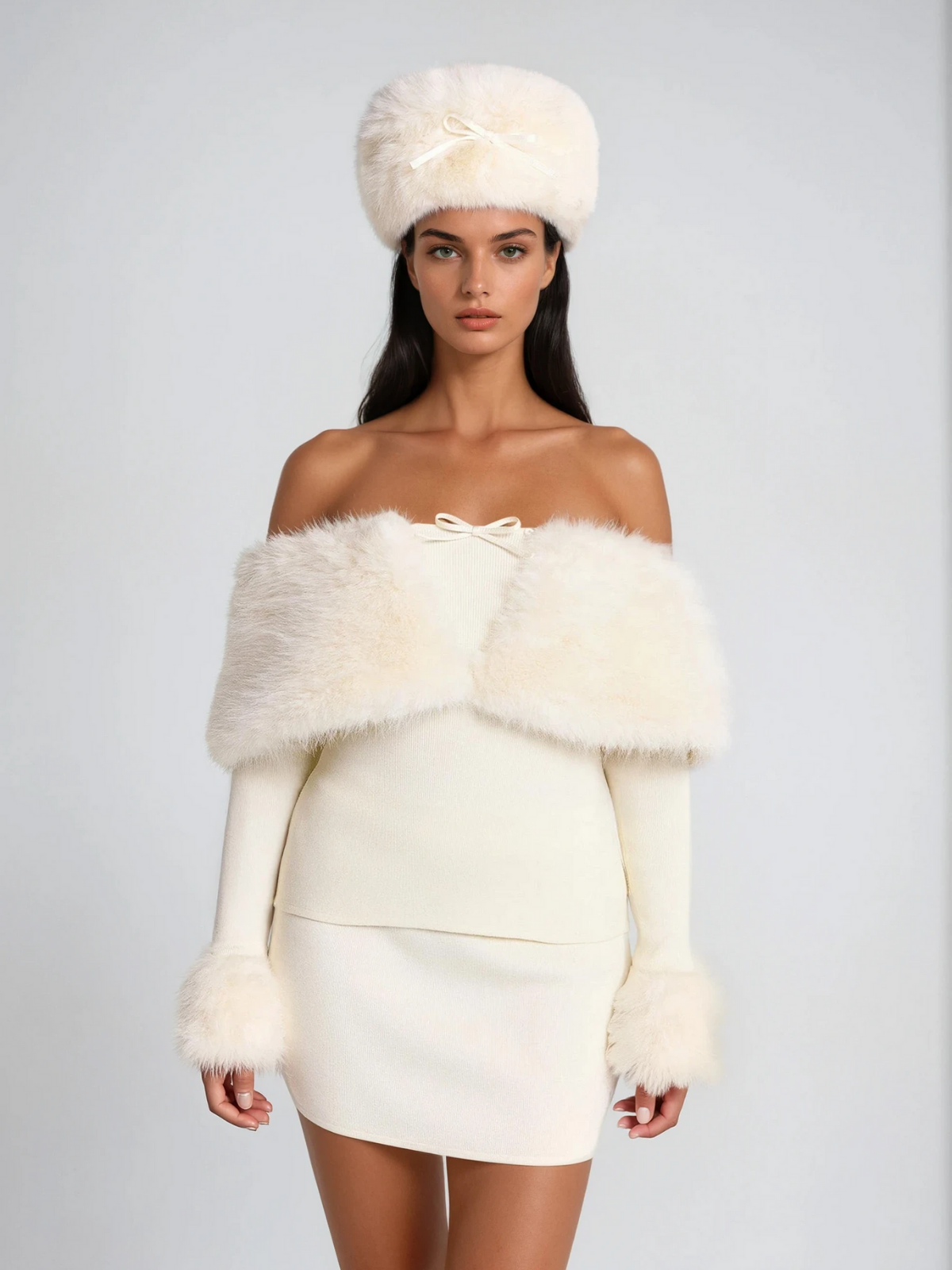 sherry Off Shoulder Furry Skirt Set Avalabel