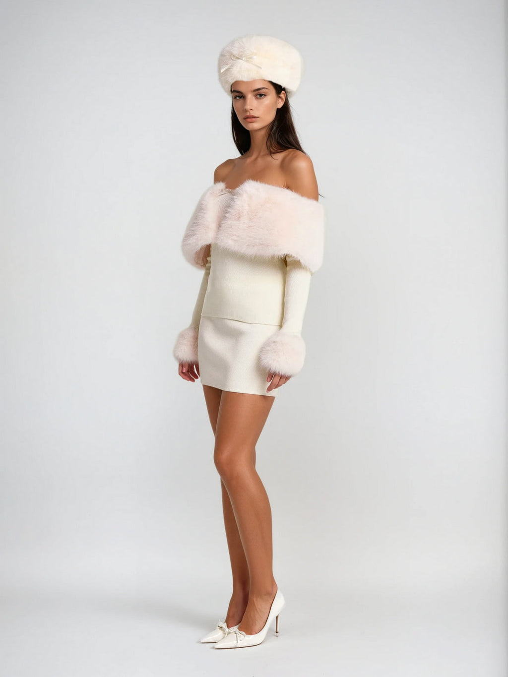 sherry Off Shoulder Furry Skirt Set Avalabel