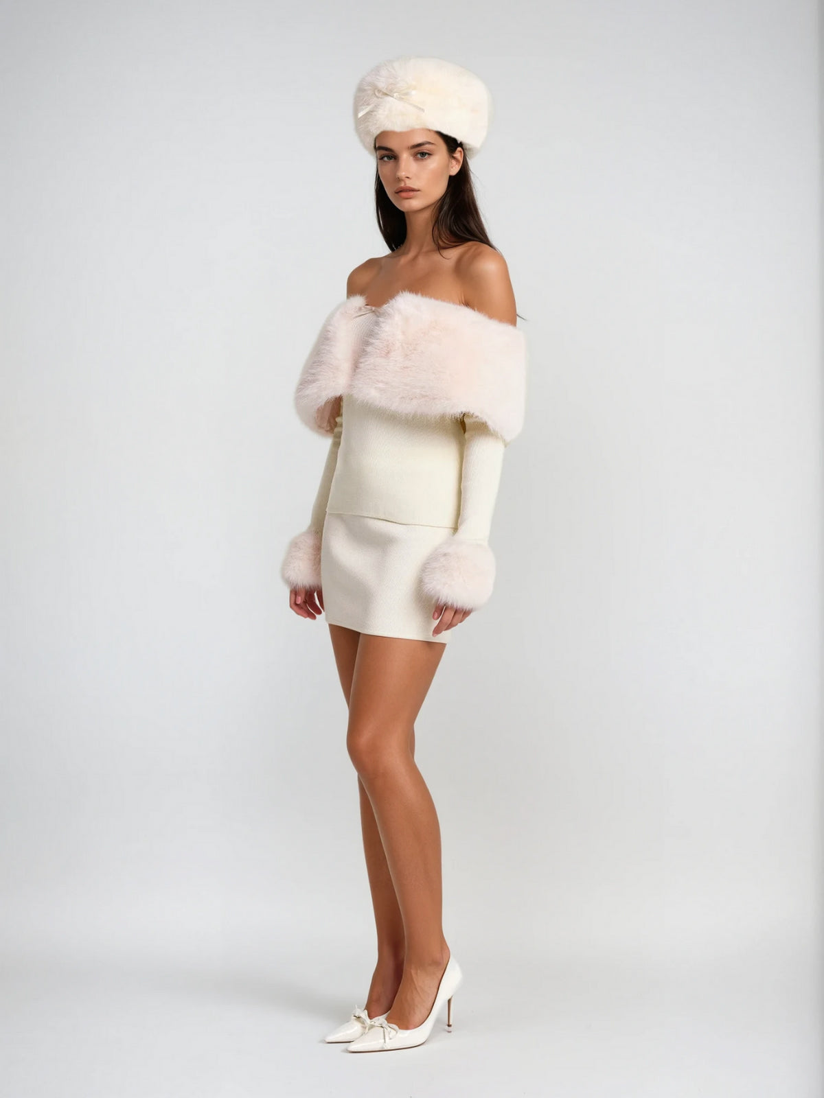 sherry Off Shoulder Furry Skirt Set Avalabel