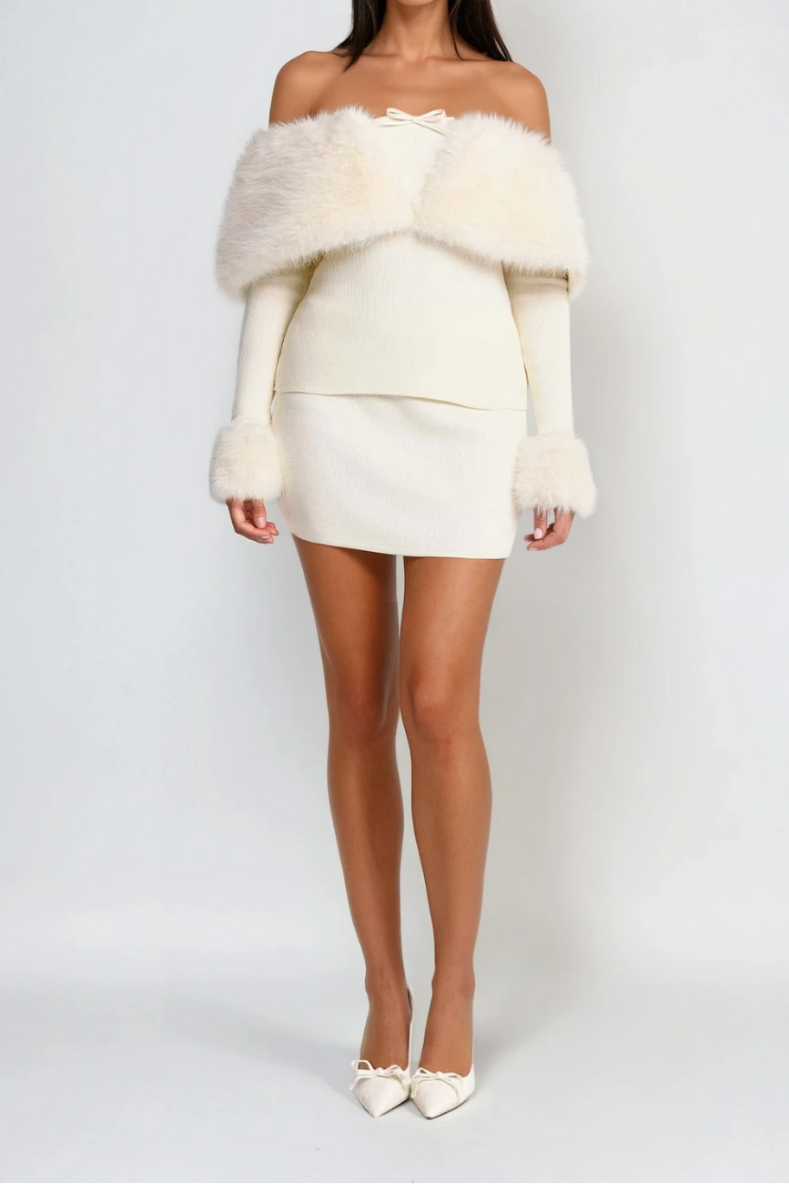 sherry Off Shoulder Furry Skirt Set Avalabel