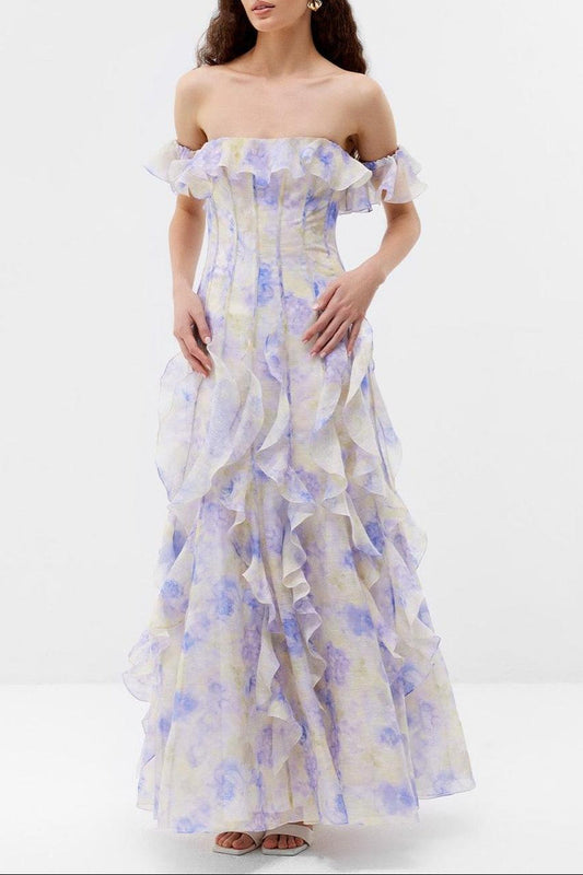 Helen Floral Frill Off-Shoulder Maxi Dress in Blue