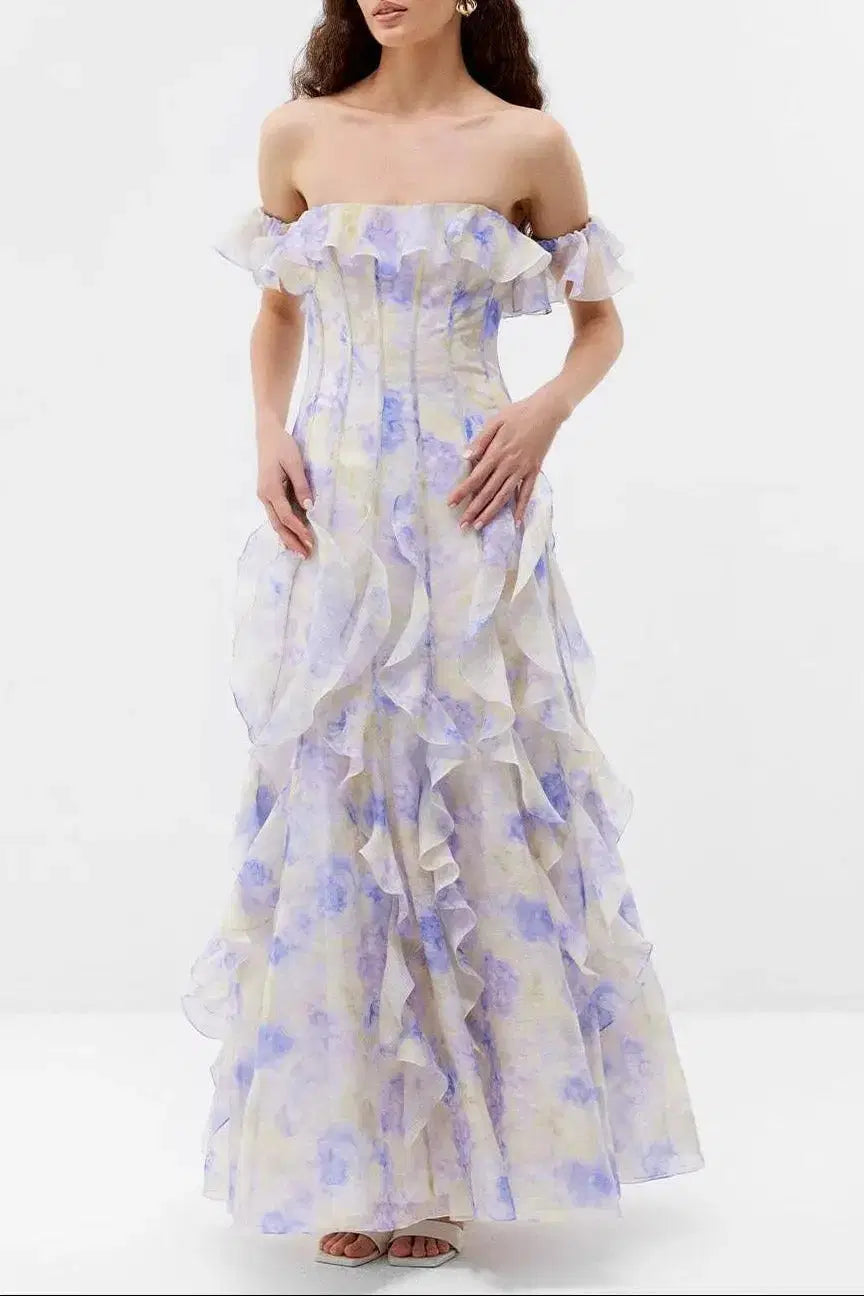 Helen Floral Frill Off-Shoulder Maxi Dress in Blue Avalabel