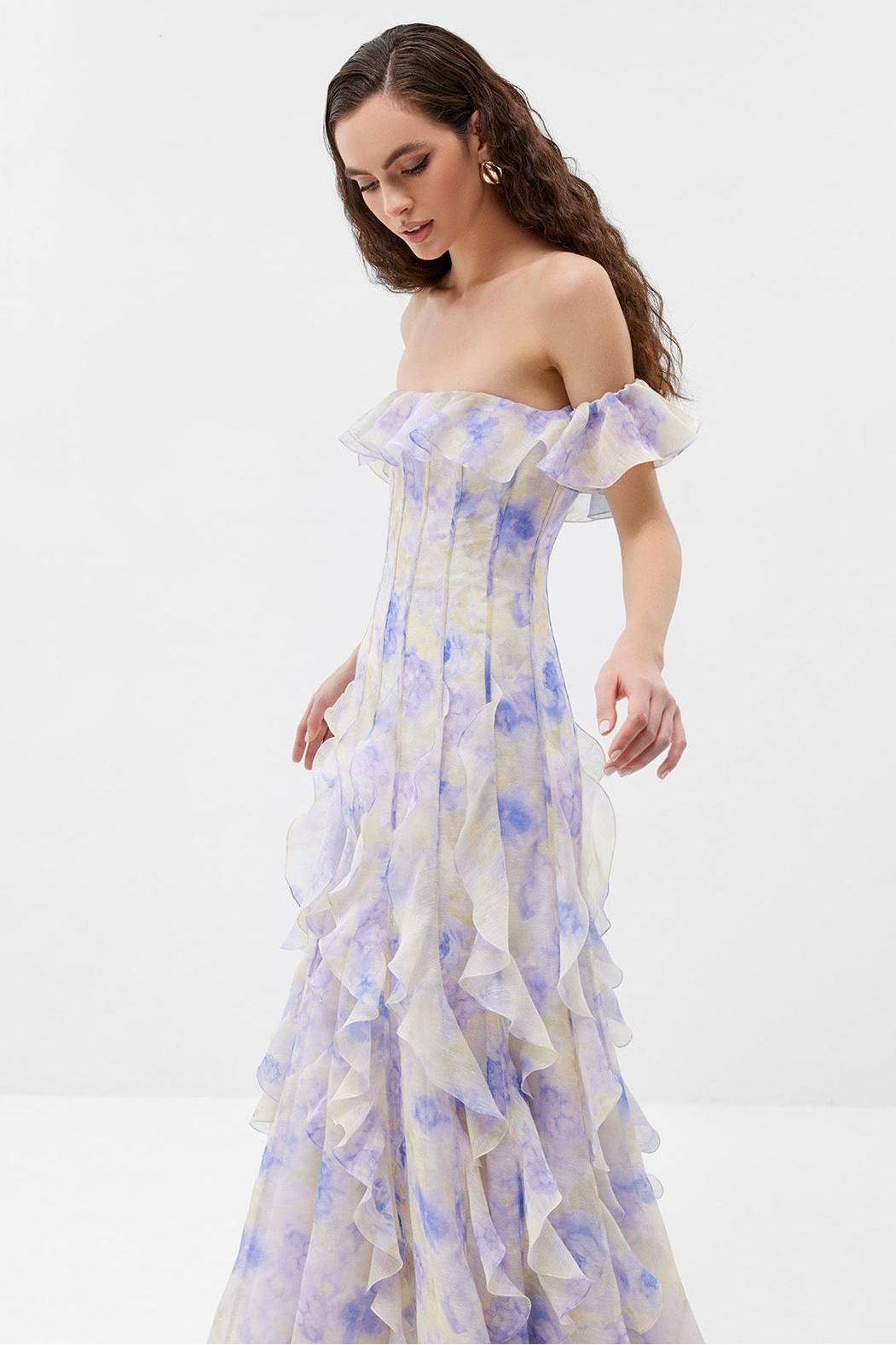 Helen Floral Frill Off-Shoulder Maxi Dress in Blue