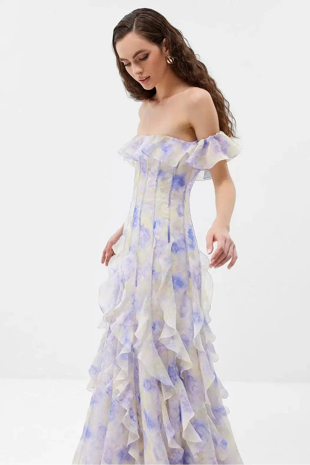 Helen Floral Frill Off-Shoulder Maxi Dress in Blue Avalabel