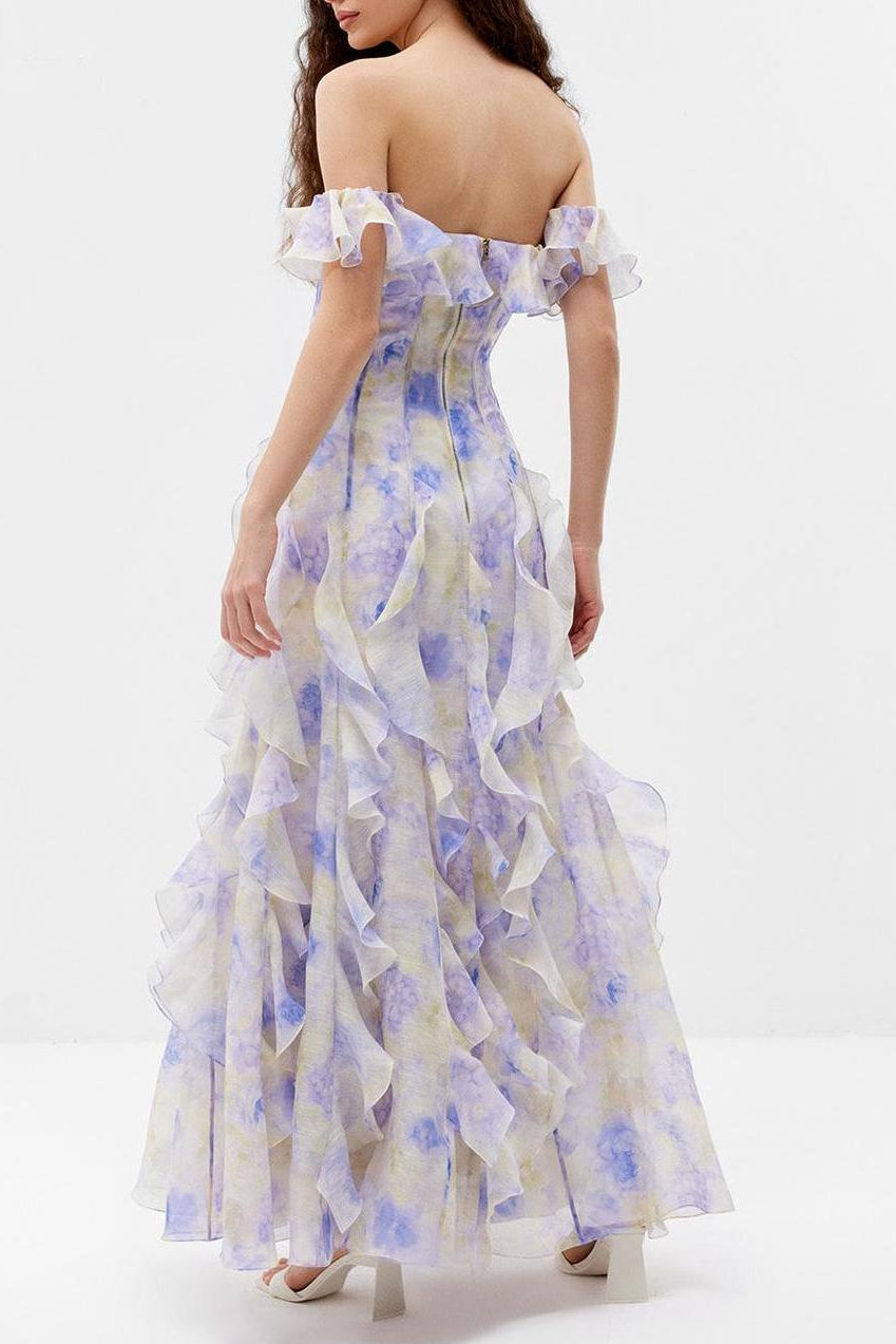 Helen Floral Frill Off-Shoulder Maxi Dress in Blue