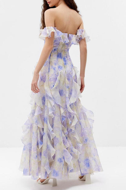 Helen Floral Frill Off-Shoulder Maxi Dress in Blue