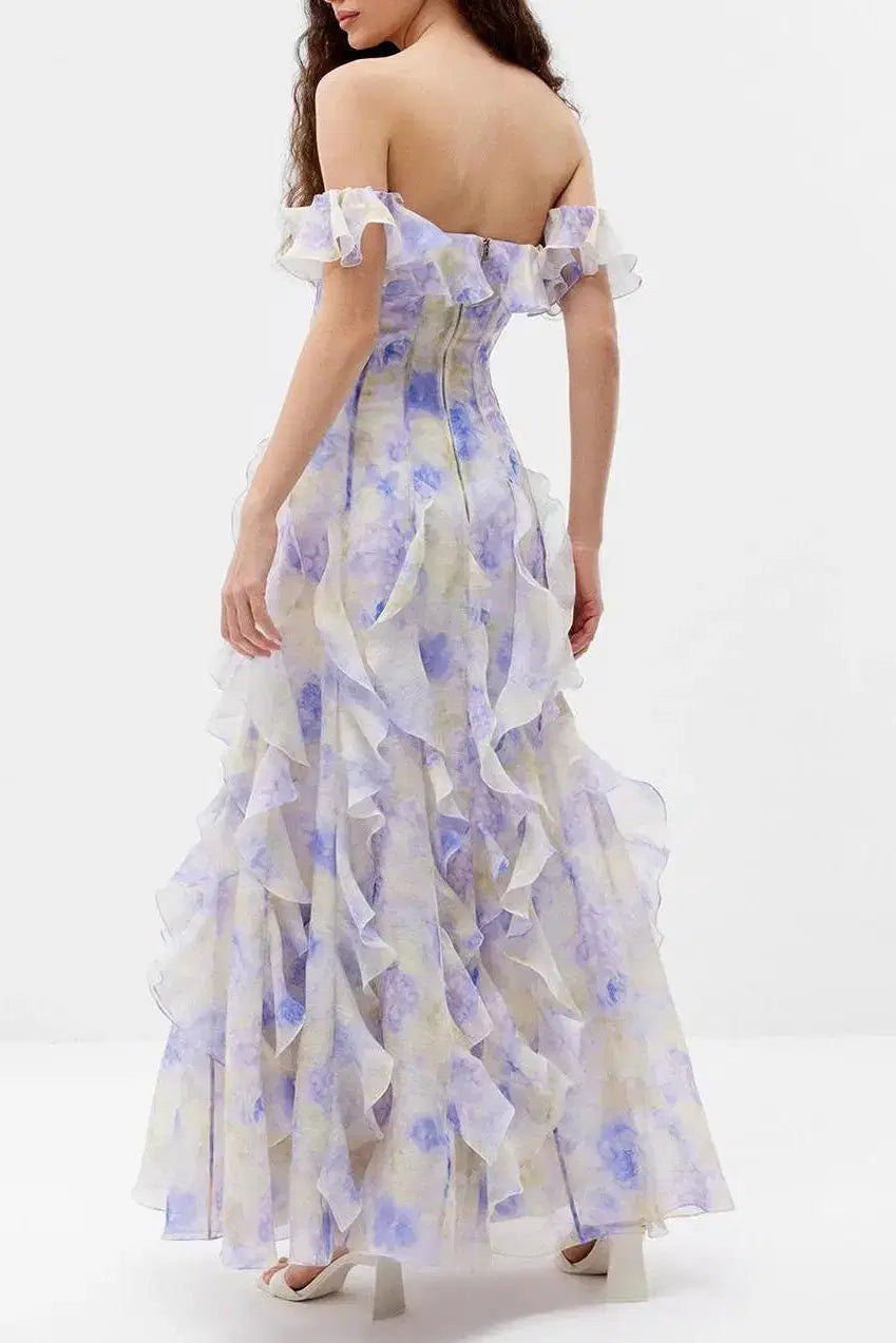 Helen Floral Frill Off-Shoulder Maxi Dress in Blue Avalabel