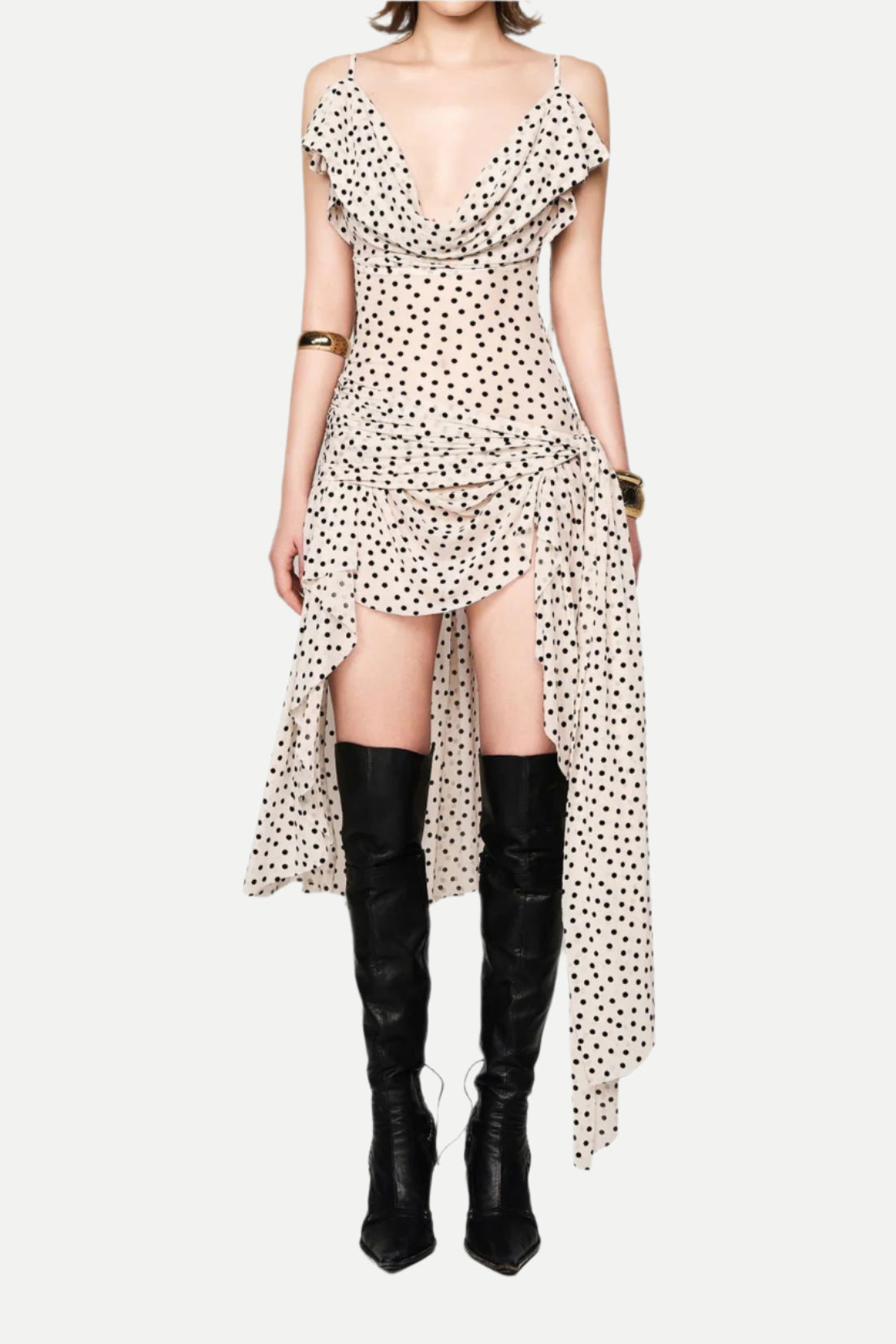 Polka Dot Sleeveless Irregular Hem Midi Dress in Apricot Avalabel