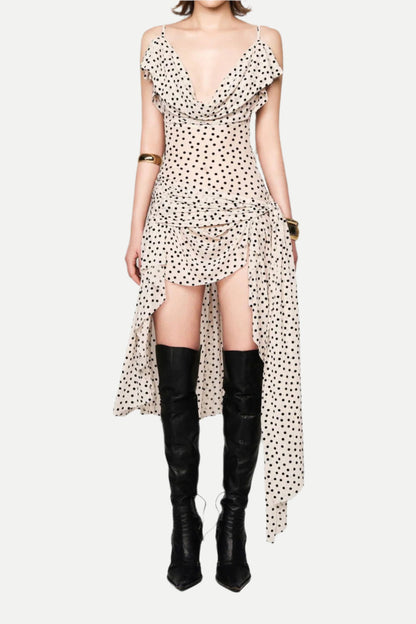 Polka Dot Sleeveless Irregular Hem Midi Dress in Apricot