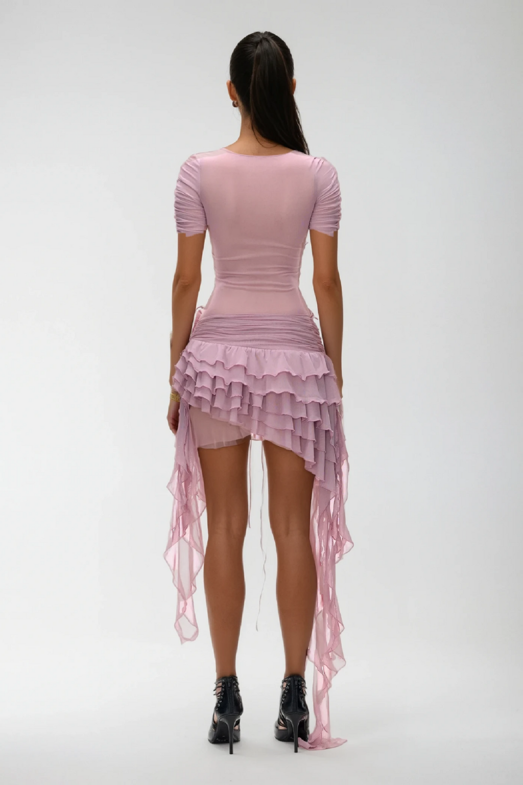 Waldek Lace Up Plunge Asymmetric Ruffle Mini Dress Avalabel