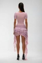 Waldek Lace Up Plunge Asymmetric Ruffle Mini Dress Avalabel