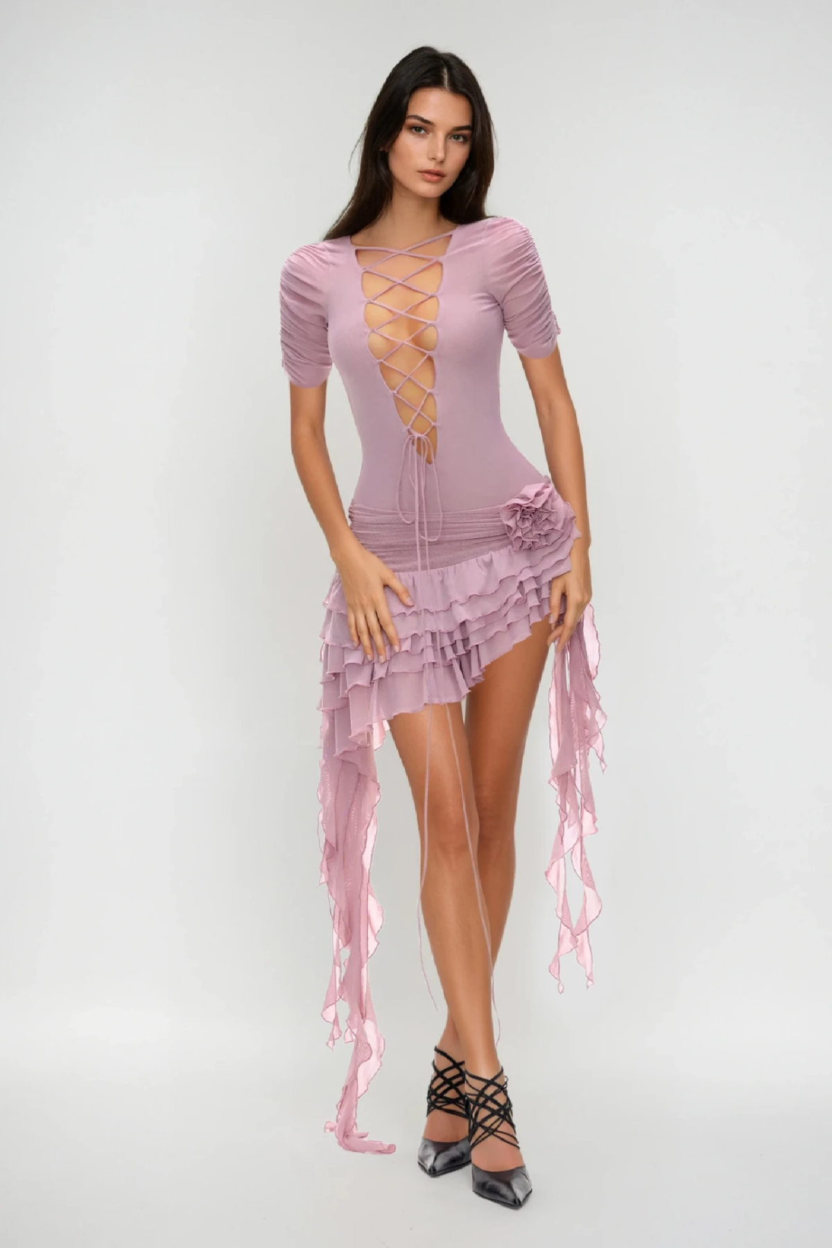 Waldek Lace Up Plunge Asymmetric Ruffle Mini Dress Avalabel